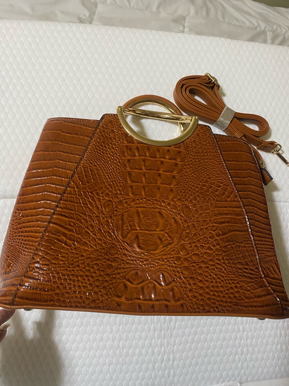 Croc Embossed Brown Top-Handle Tote with Gold Accent